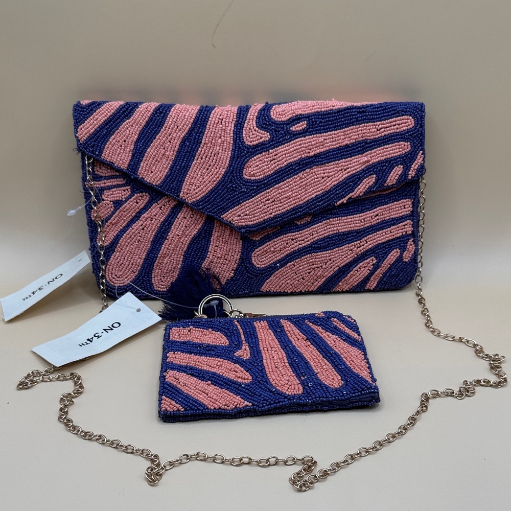 ON 34th Pink and Blue Beaded Clutch and Coin purse